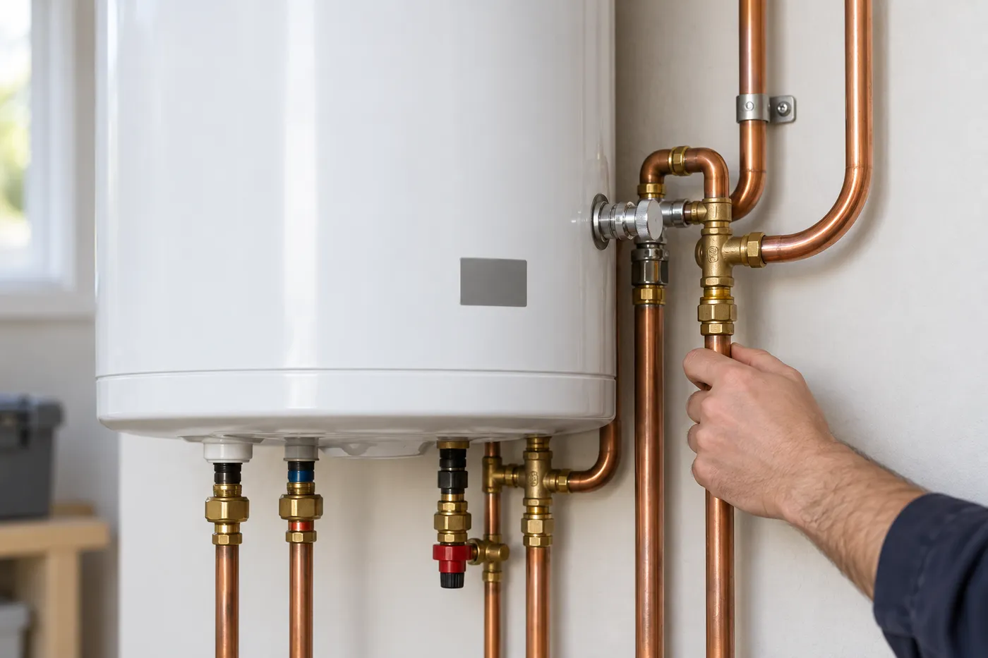 Contrôle d'un raccord en cuivre sous un chauffe-eau électrique